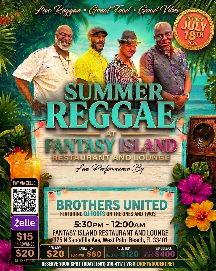 Summer Reggae at Fantasy Island flyer - Live performance by Brothers United, Saturday July 18th 2026