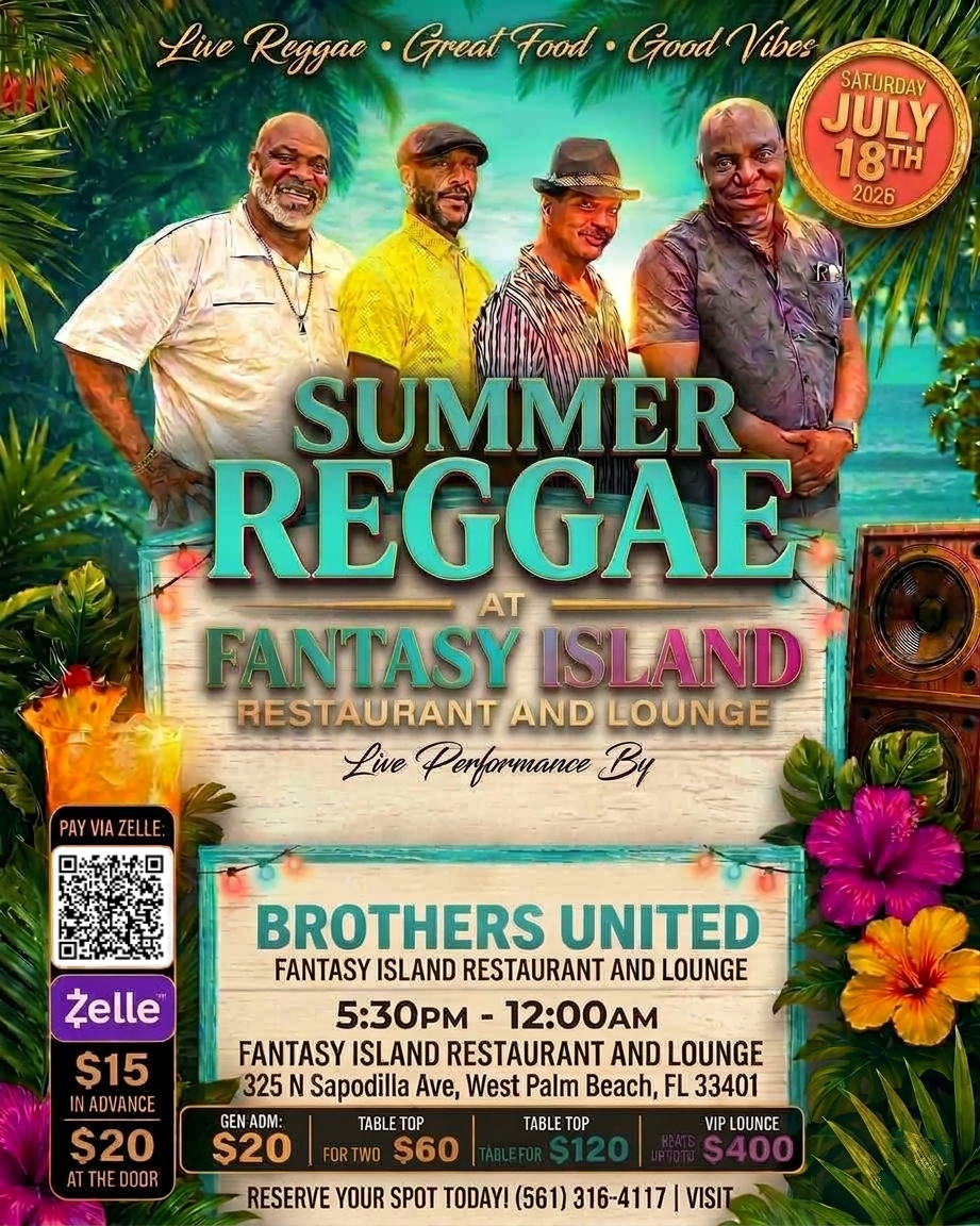 Summer Reggae at Fantasy Island flyer - Live performance by Brothers United, Saturday July 18th 2026